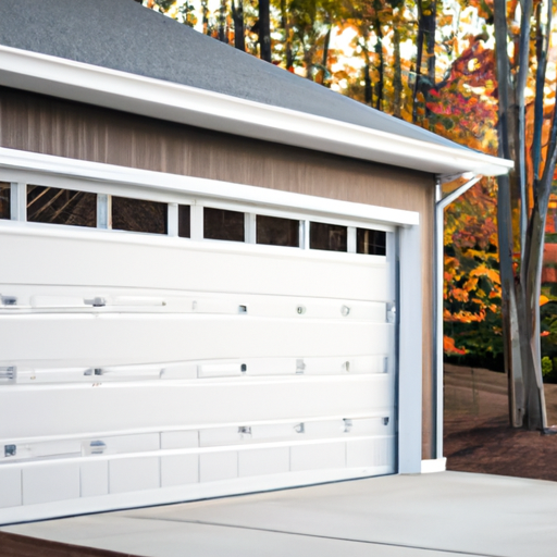 Suburban Milton MA home showing a modern sectional garage door with visible panels and seals at dawn.