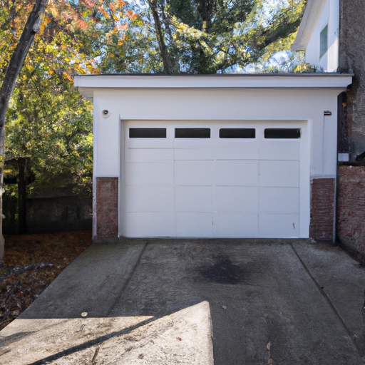 Suburban Milton driveway showing a closed insulated garage door with visible weatherstripping and autumn trees in the background.