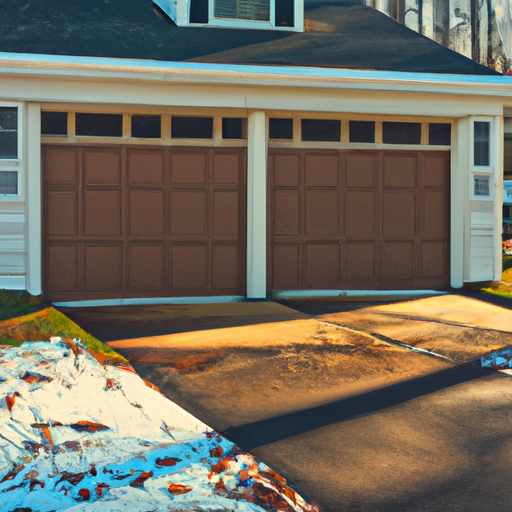 Milton MA suburban home with a closed sectional garage door and light morning snow on the lawn.