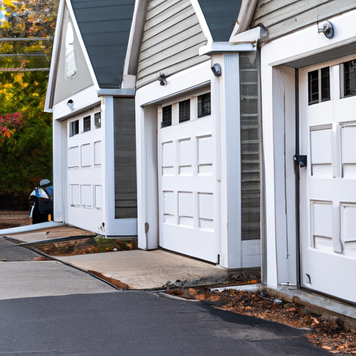 Insulated modern garage door on a New England home in Milton, MA, showing door panels and surrounding siding.