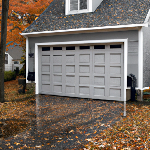 Milton, MA suburban home with a closed sectional garage door and wet driveway with autumn leaves.