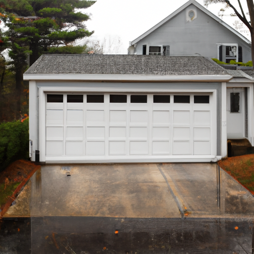 Milton, MA suburban house with a closed paneled garage door on a rainy morning.