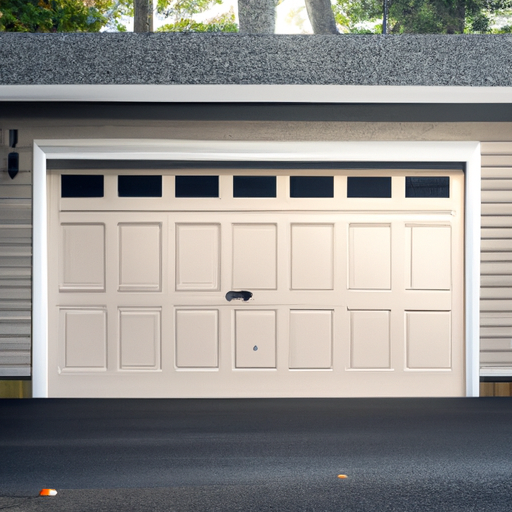 Residential garage door on a Milton, MA home in morning light with visible panels and hardware, neighborhood trees and light frost.