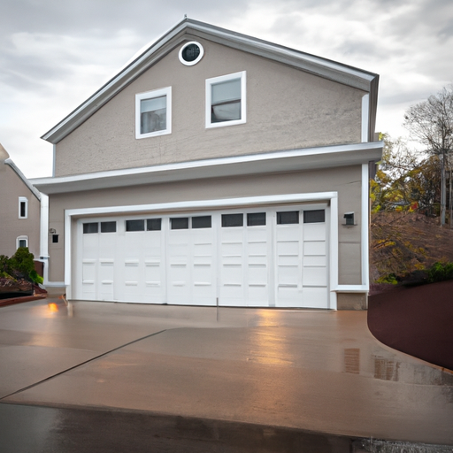 Suburban Milton, MA home with a modern sectional garage door on a wet driveway, late afternoon light.