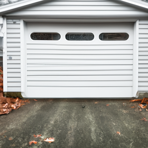Insulated white panel garage door on a suburban Milton, MA home with weather seals visible and damp autumn driveway.