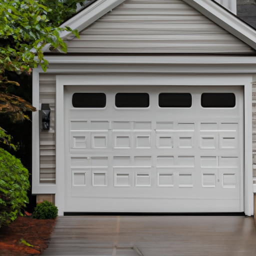 Sectional garage door on a Milton, MA clapboard house in soft overcast light with visible panels and hardware.
