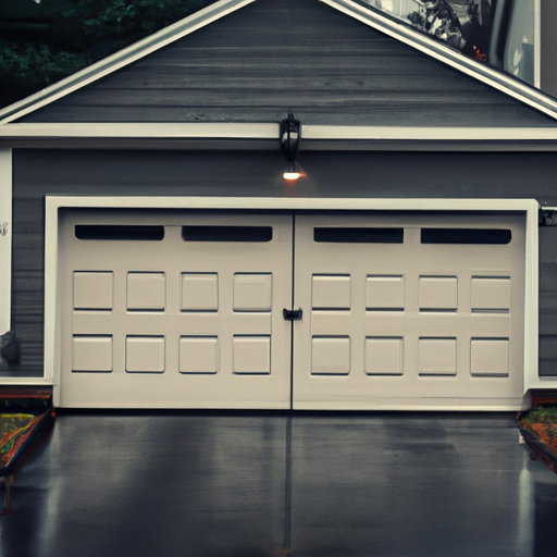 Suburban Milton driveway with a closed two-car garage door on a wet morning, hardware and panels visible, no people.