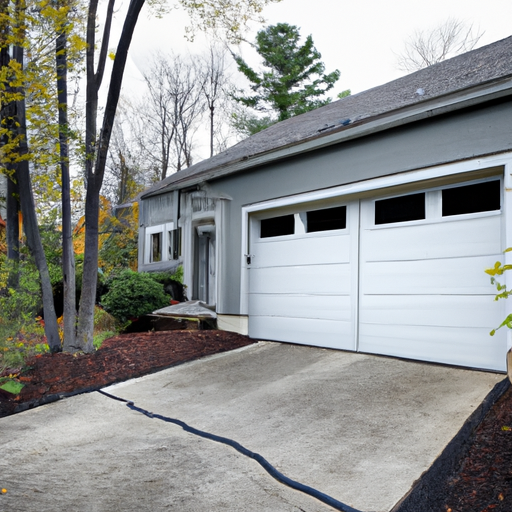 Residential steel-panel garage door with visible tracks and opener in a suburban Milton, MA setting.