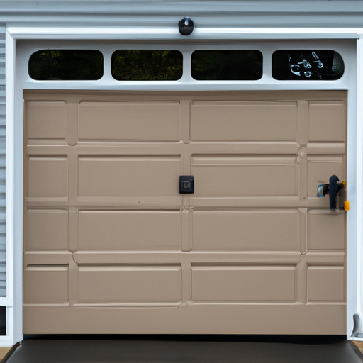 Suburban Milton driveway with a modern residential garage door showing panels, weatherstripping, and opener housing under overcast light.