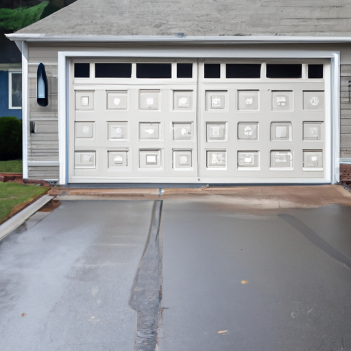 Suburban Milton, MA house with a raised-panel garage door partially open on a wet morning driveway.