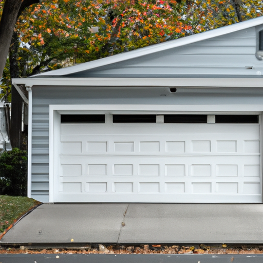Exterior view of a closed sectional garage door on a suburban Milton, MA home with visible tracks and driveway.