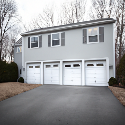 Suburban Milton home exterior with a closed modern steel garage door on a clean driveway during afternoon light