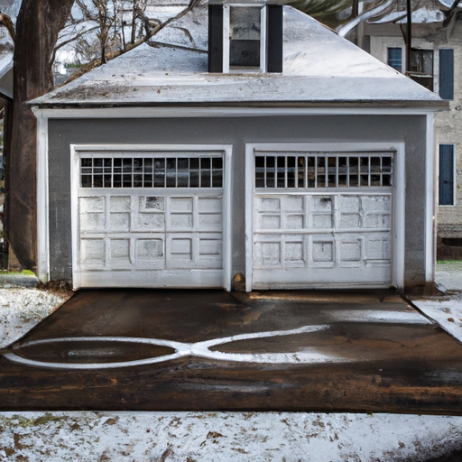 Colonial-style Milton, MA home with a sectional garage door partially open on a snowy morning; door panels and tracks visible.