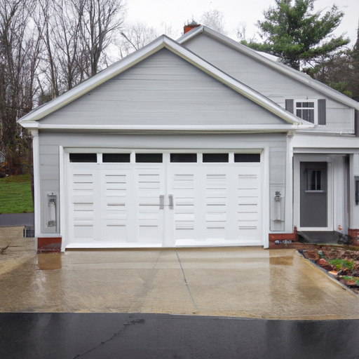 Editorial view of a Milton suburban home's closed modern garage door with wet driveway under an overcast sky.