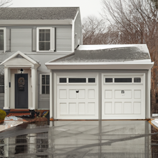 Suburban Milton home with a modern closed steel garage door and light snow on driveway.