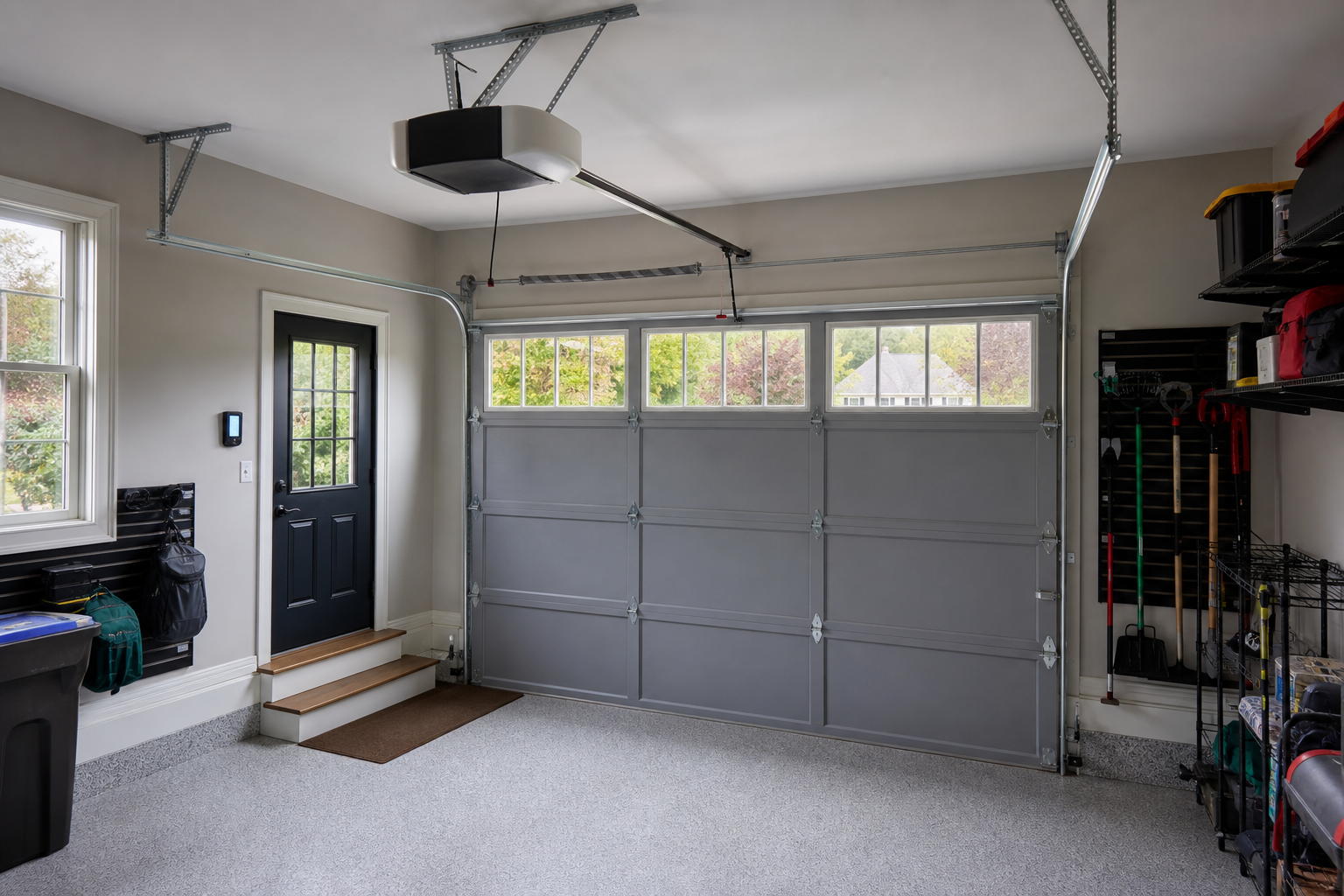 Modern garage door with smart opener in a Milton home garage